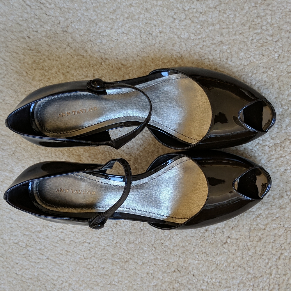 Brown patent Ann Taylor peep toe platform heels.